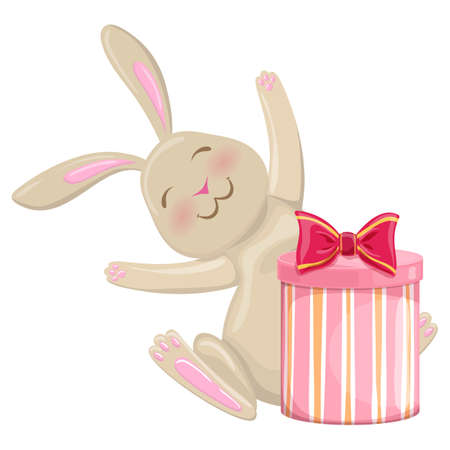 Colorful cartoon illustration of Christmas bunny with present on white background. Vector.のイラスト素材