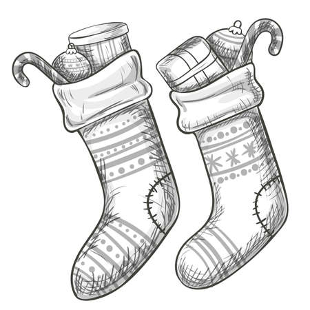 Sketch of Christmas socks with presents on white background. Vector.のイラスト素材