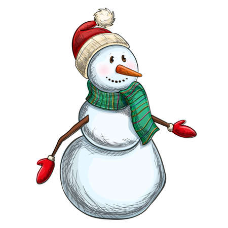 Colorful sketch of cheerful Christmas snowman on a white background. Vector.のイラスト素材
