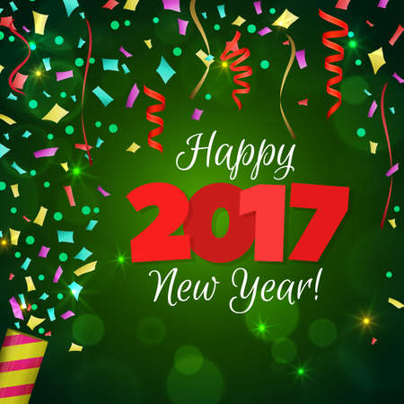Happy New Year 2017 greeting card. Festive illustration with colorful confetti, party popper and spangles on green background. Vector.のイラスト素材