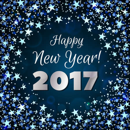 Happy New Year 2017 greeting card. Festive illustration with sparkles, stars and confetti on dark...