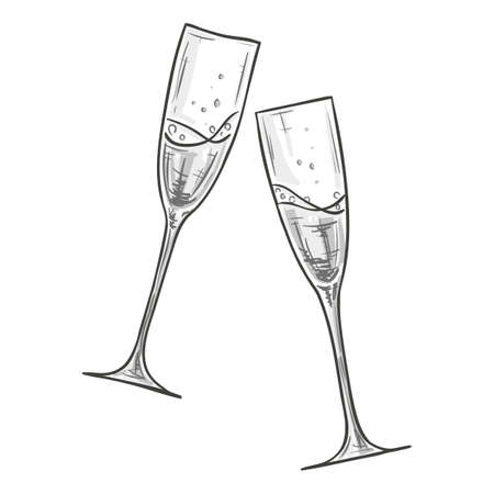 Monochrome sketch style illustration of two glasses of champagne on white background. Vector.のイラスト素材