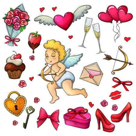 Set of Valentine's Day icons. Colorful sketch style Valentine's Day illustration for decoration. Vector.のイラスト素材
