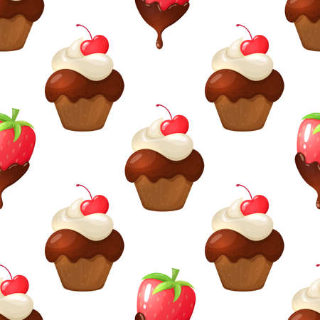 Seamless pattern of cupcakes and strawberry in chocolate icons. Colorful cartoon illustration for decoration. Vector.のイラスト素材