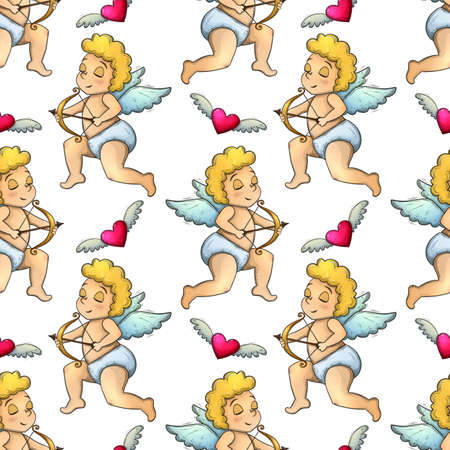 Seamless pattern of Valentine with Cupid and heart icons. Colorful sketch style for Valentine's Day...