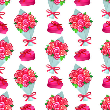 Seamless pattern of Valentine with bouquet and a gift box icons. Colorful cartoon illustration for Valentine's Day greeting card and decoration. Vector.のイラスト素材