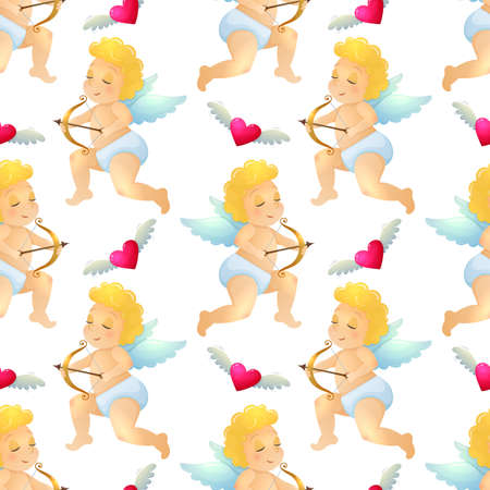 Seamless pattern of Valentine with Cupid and heart icons. Colorful cartoon illustration for Valentine's Day greeting card and decoration. Vector.のイラスト素材