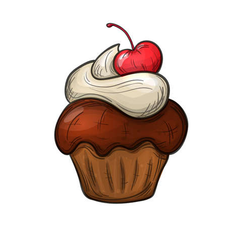 Colorful sketch style illustration of cupcake with cream on white background. Vector.のイラスト素材