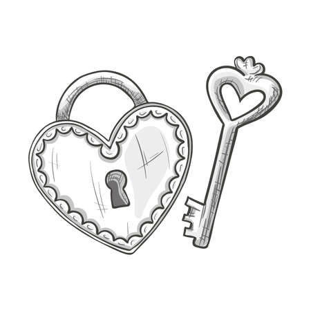 Monochrome sketch style illustration of heart shape lock and key, symbol of love and Valentine's Day. Vector.のイラスト素材