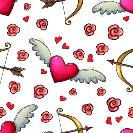 Seamless pattern of Valentine with heart and bow icons. Colorful sketch style for Valentine's Day greeting card and decoration. Vector.のイラスト素材