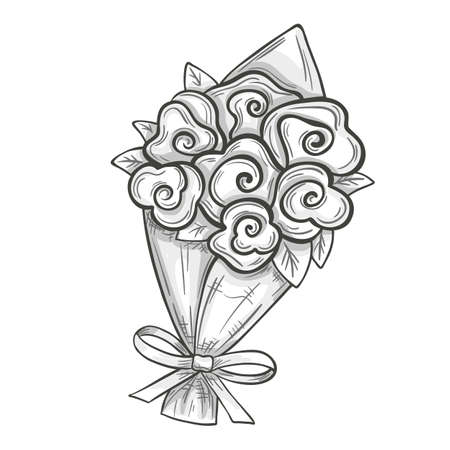 Monochrome sketch style illustration of bouquet of flowers on white background, symbol of love and Valentine's Day. Vector.のイラスト素材