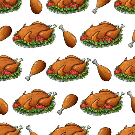 Colorful sketch seamless pattern with roasted thanksgiving turkeyのイラスト素材