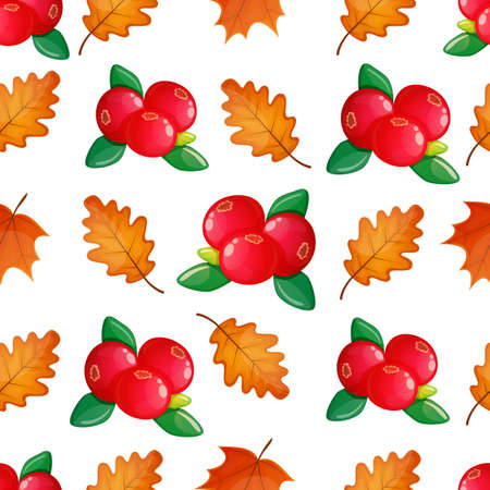 Colorful seamless pattern with cranberries and leaves. Vector.のイラスト素材