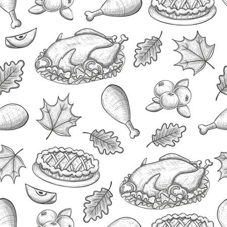 Monochrome sketch seamless pattern with thanksgiving turkey and pie. Vector.のイラスト素材