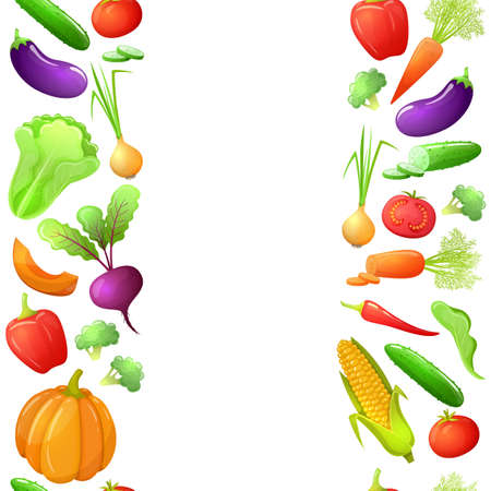 Colorful cartoon seamless vertical borders of vegetables. Eco organic fresh template with vegetables for the decoration of menu. Vector.のイラスト素材