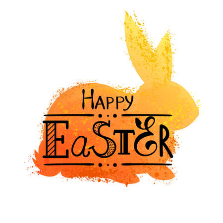 Colorful orange rabbit with splashes and Easter greeting hand-lettering, grunge  watercolor...