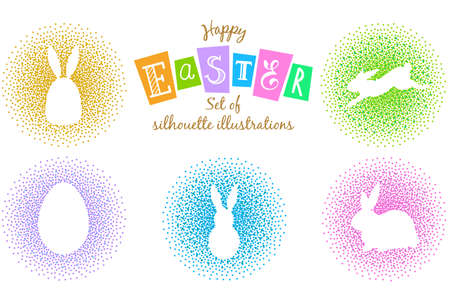 Set of silhouettes of easter egg and bunny on a colorful dotted background.のイラスト素材