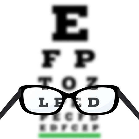 Eye vision test, poor eyesight myopia diagnostic on Snellen eye test chart. Vision correction with glasses. Vector.のイラスト素材