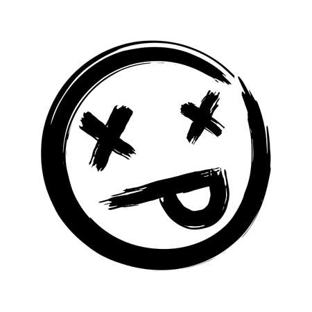 Hand drawn dead emoji, ink brush dead emoticon smiley icon on a white background. Vector.のイラスト素材
