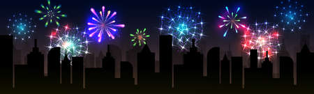 Fireworks over the night city, panoramic cityscape. Vectorのイラスト素材