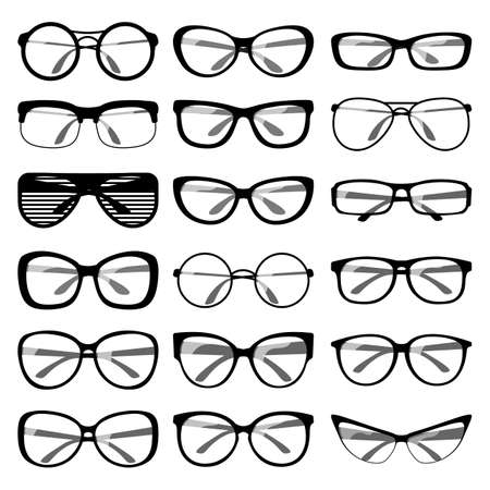 Set of different shapes of spectacle frames. Men and women sunglasses, eyeglasses frames for vision care. Vectorのイラスト素材