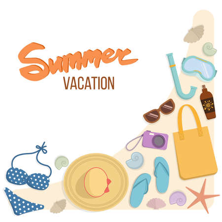 Set of things for a beach holiday as beach bag, hat, flip flops, swimsuit. Vacation at the sea. Vectorのイラスト素材