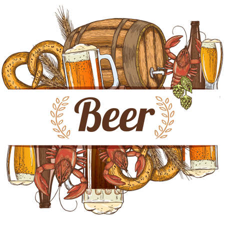 Template with beer glasses, bottle and crayfish, sketch vintage style. Vectorのイラスト素材