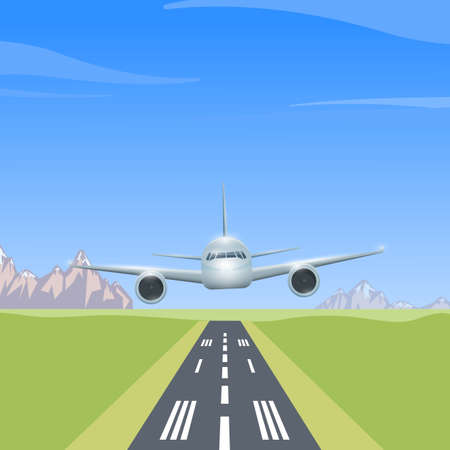 Airplane is flying over the runway, colorful illustration of aircraft. Vectorのイラスト素材