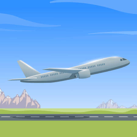 Airplane is flying over the runway, colorful illustration of aircraft. Vectorのイラスト素材