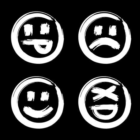Hand drawn set of emoticons, ink brush emoji smiley icon on a white background. Vector.のイラスト素材