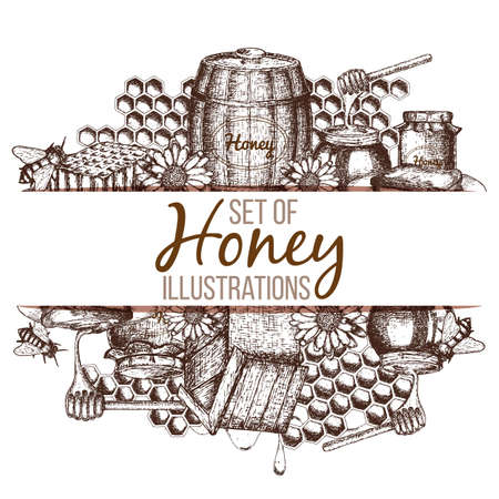 Hand drawn ink sketch illustration, set of honey, organic nature products. Vectorのイラスト素材
