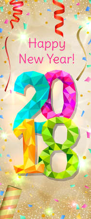 Happy New Year 2018 greeting vertical banner. Festive illustration with colorful confetti, party popper and sparkles. Vectorのイラスト素材