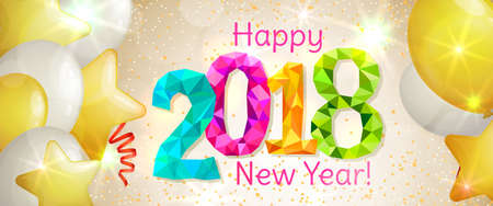 Happy New Year 2018 greeting horizontal banner. Festive illustration with colorful confetti, party popper and sparkles. Vectorのイラスト素材