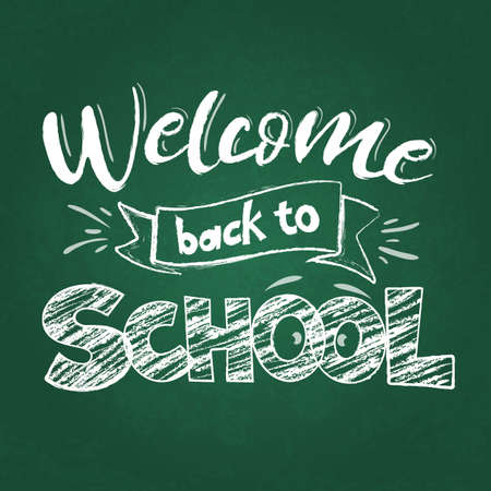 Back to school greeting on green blackboard, First day of school sale. Vectorのイラスト素材