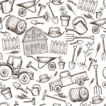 Seamless background of colorful sketch farming equipment icons. Farming tools and agricultural machines decoration. Vectorのイラスト素材