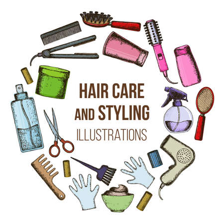 Set of colorful sketch equipments for styling and hair care. Products and tools for home remedies of hair care. Vectorのイラスト素材