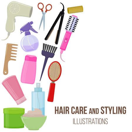Set of colorful equipments for styling and hair care. Products and tools for home remedies of hair care. Vectorのイラスト素材