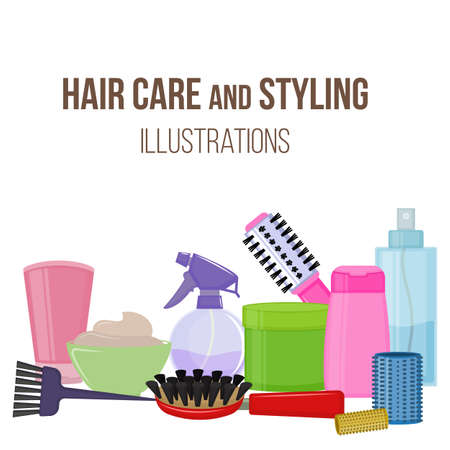 Set of colorful equipments for styling and hair care. Products and tools for home remedies of hair care. Vectorのイラスト素材