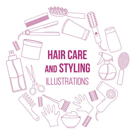Set of line equipments for styling and hair care. Products and tools for home remedies of hair care. Vectorのイラスト素材