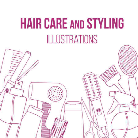 Set of line equipments for styling and hair care. Products and tools for home remedies of hair care. Vectorのイラスト素材