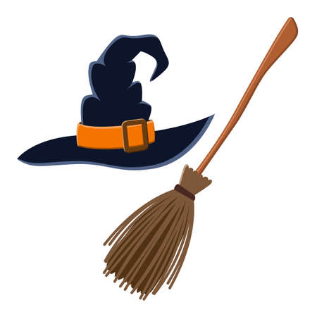 Witch hat and broom, colorful scary Halloween illustration. Vectorのイラスト素材