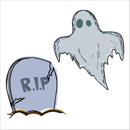 Grave with a headstone and a ghost, colorful scary Halloween illustration. Vectorのイラスト素材