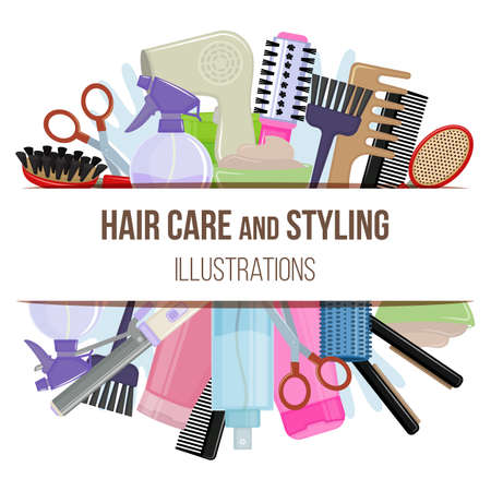 Set of colorful equipments for styling and hair care. Products and tools for home remedies of hair care. Vectorのイラスト素材
