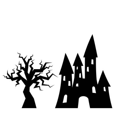 Castle and tree, colorful scary Halloween illustration.のイラスト素材