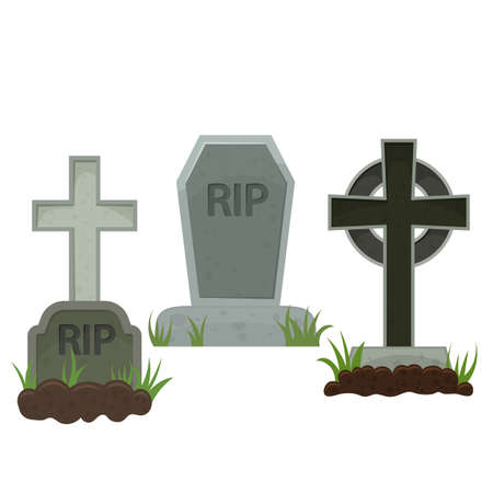 Graves with a tombstone and cross, colorful scary Halloween illustration.のイラスト素材