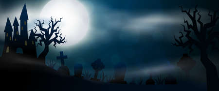 Night cemetery, crosses, tombstones and graves horizontal banner. Colorful scary Halloween illustration. Vectorのイラスト素材