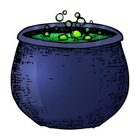 Witch cauldron with potion, colorful scary Halloween sketch illustration. Vectorのイラスト素材