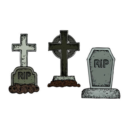 Graves with a tombstone and cross, colorful scary Halloween sketch illustration.のイラスト素材