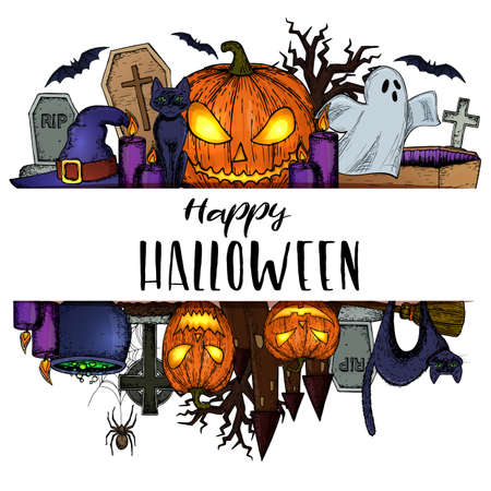 Set of Halloween icons for decoration. Colorful scary Halloween sketch illustration. Vectorのイラスト素材