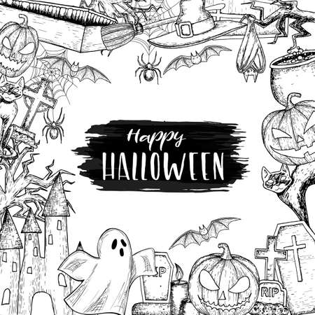 Set of Halloween icons for decoration. Scary Halloween sketch illustration. Vectorのイラスト素材